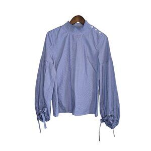 Ann Taylor Balloon Sleeve Top Small Blue Ruffle Mock Neck Coastal Sailor Preppy
